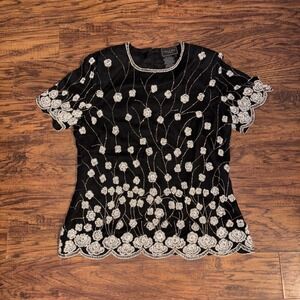 Cote d'Azur Evenings Women's Beaded Silk Top Black Short Sleeve Blouse L